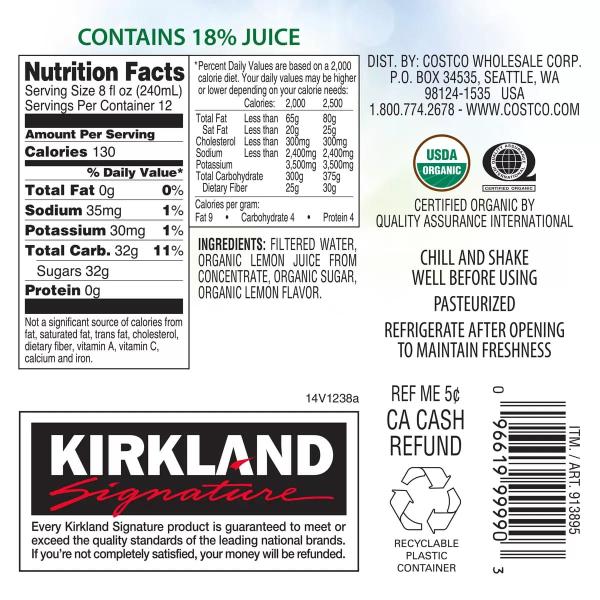 カークランドシグネチャー　オーガニックレモネード　2840ml x 2 Kirkland Signature Organic