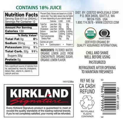 カークランドシグネチャー　オーガニックレモネード　2840ml x 2 Kirkland Signature Organic