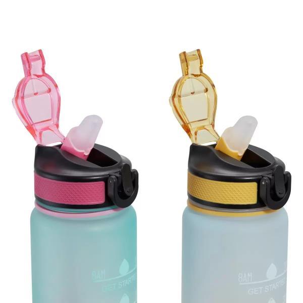 モチベーショナル ボトル メモリ付水筒 約887ｍｌX 2 本　色：ピンク/イエロー ストラップ付 おしゃれ 可愛い 水筒 カラフル